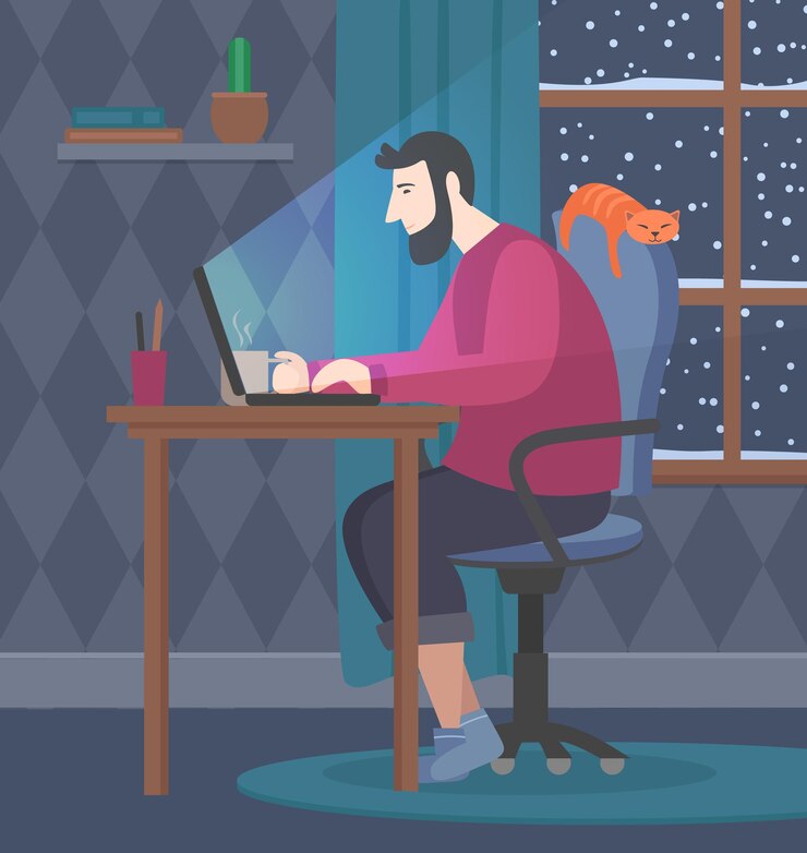 Vector man working on a laptop. the interior of the home room. vector illustration.