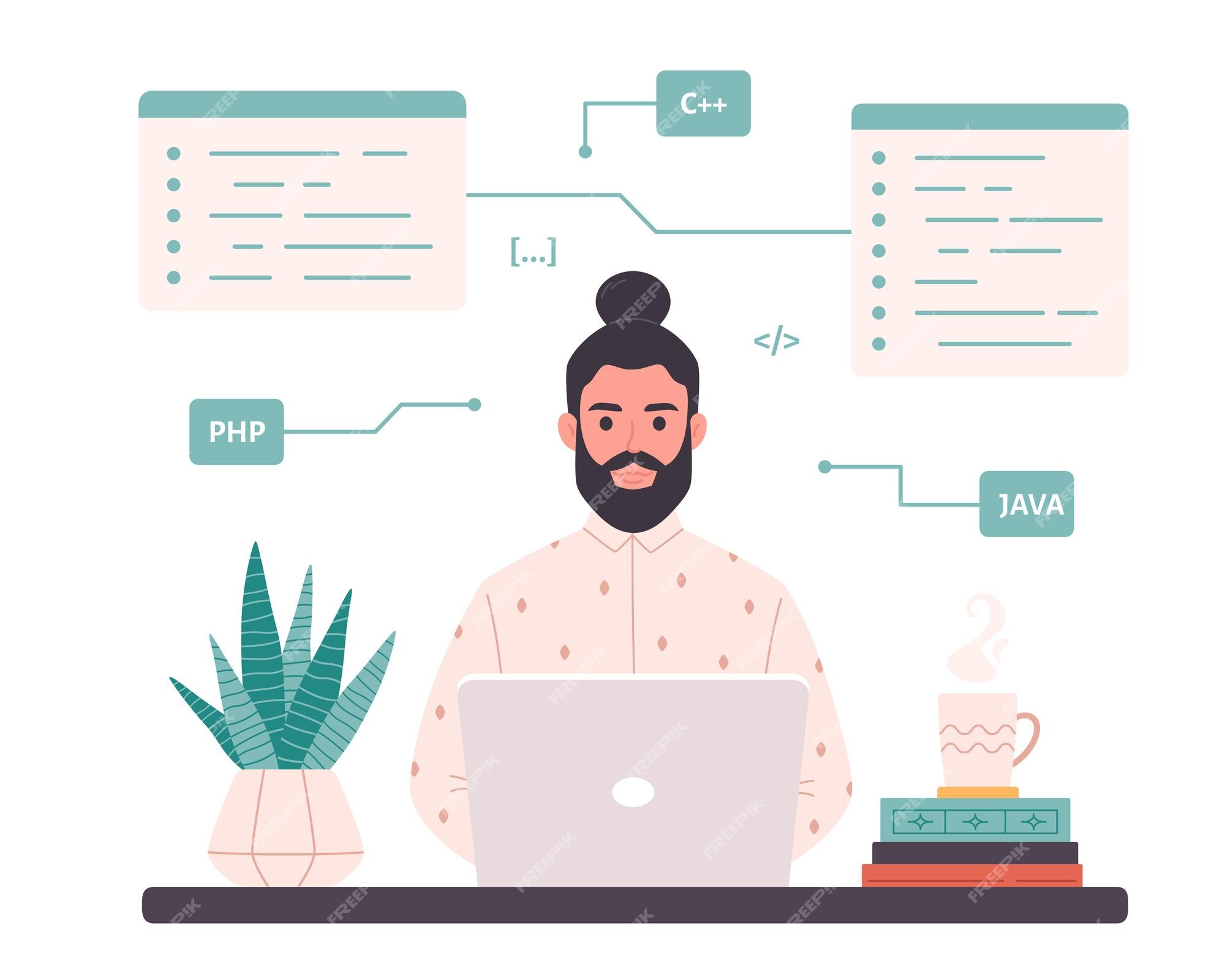 Premium Vector | Man working on laptop. IT developer. Programming code ...
