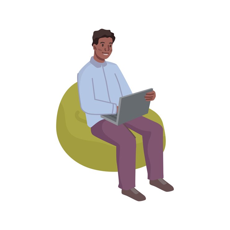 Vector man working on laptop in office or home freelancer