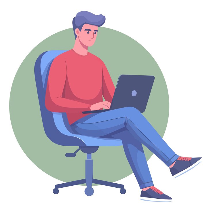 Vector man working on laptop in the office