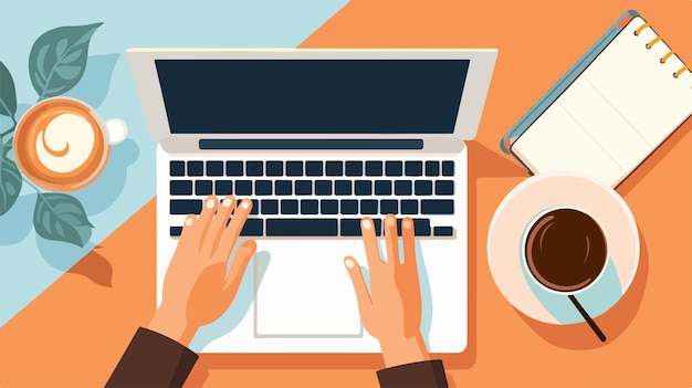 a man working on a laptop with a cup of coffee and a cup of coffee