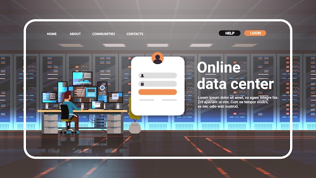 Uomo che lavora nel modello di pagina di destinazione del sito web della stanza del data center online che ospita il monitoraggio del computer del server