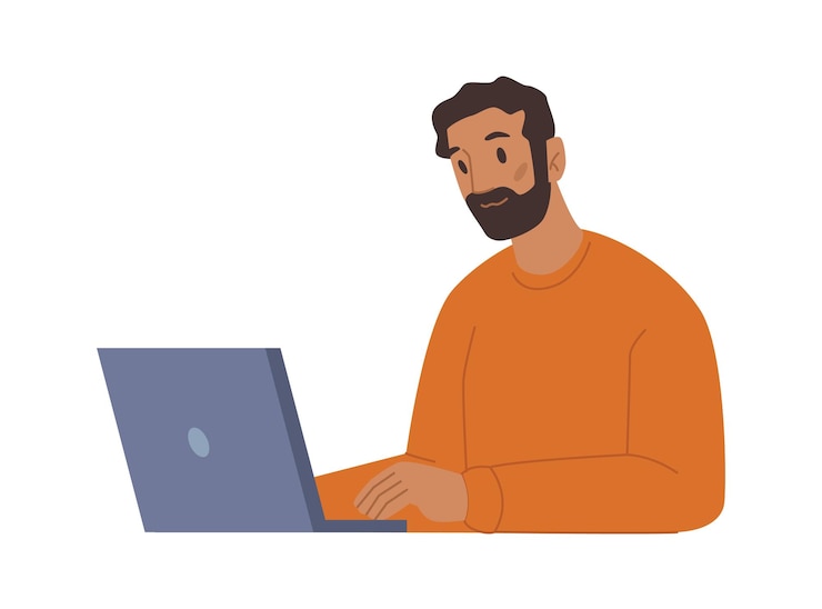 Vector man working on personal computer