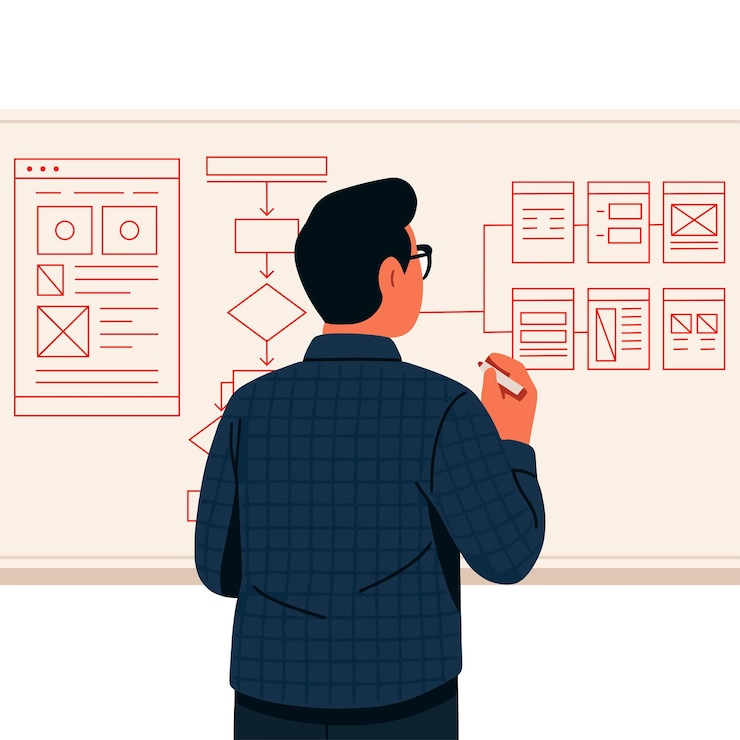 Vector man working on a project diagram on a whiteboard workflow planning illustration