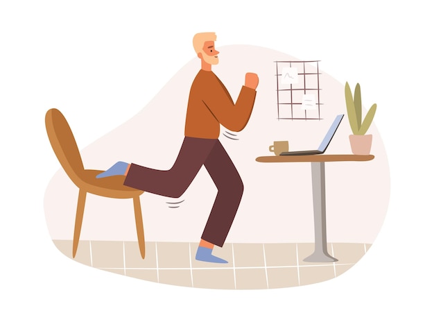 Vector man working and stretching leg at workplace at home fitness and yoga at work break relaxation workout flat cartoon character businessman has rest and doing stretch exercises