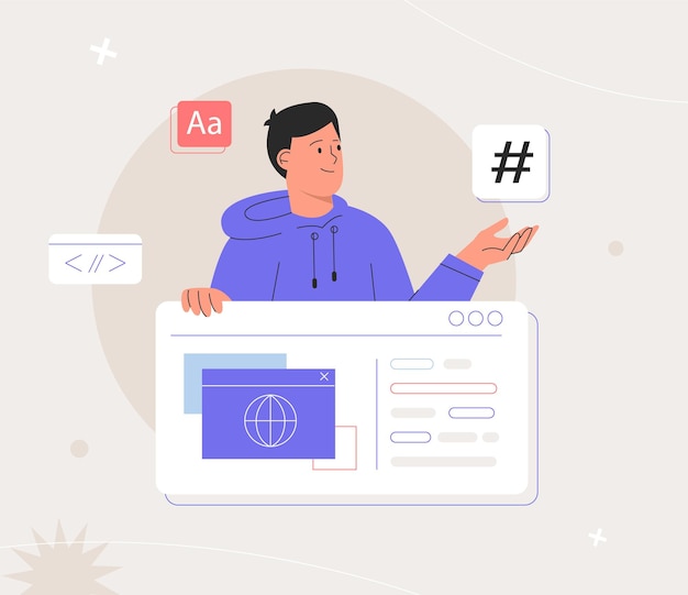 Uomo che lavora allo sviluppo di applicazioni e web. concetto di sviluppatori di software. illustrazioni vettoriali in stile piatto.