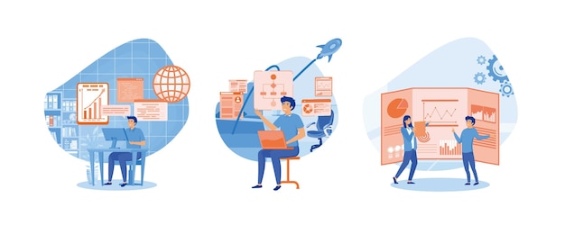 man working with big data and databases using laptop and excel tables of business office workers are studying the infographic the analysis evolutionary scale set flat vector modern illustration