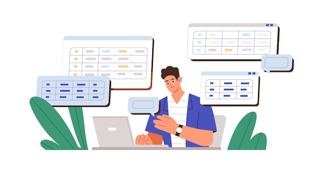 ノートパソコンとExcelテーブルを使用して、ビッグデータとデータベースを操作する男性。オフィス ワーカーは、コンピューター上のスプレッドシートを使用して分析とレポートを作成します。白い背景に分離されたフラット ベクトル イラスト。