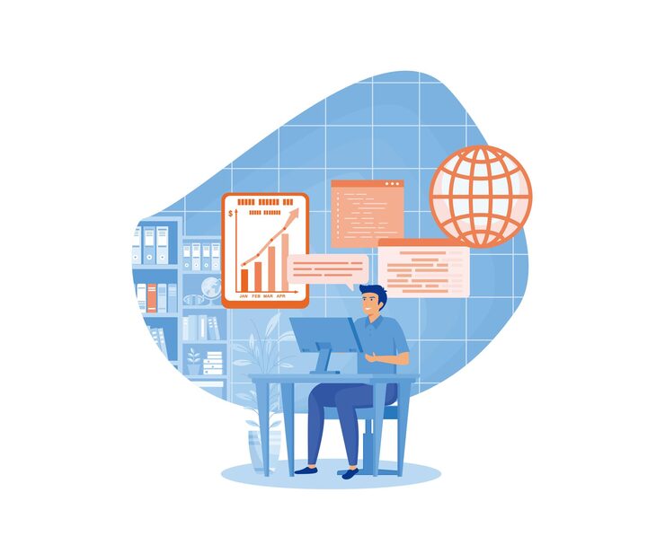 Vector man working with big data and databases using laptop and excel tables office worker making analysis and report with spreadsheets on computer flat vector modern illustration