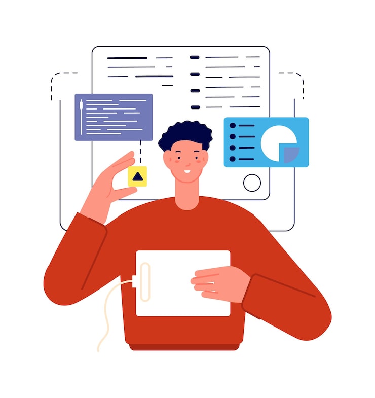 Vector man working with charts analytics or developer professional geek and coder technologies in business programmer vector concept