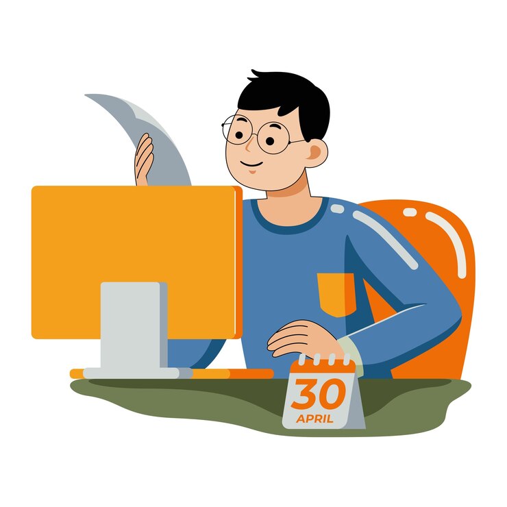 Vector man working with computer in flat design style