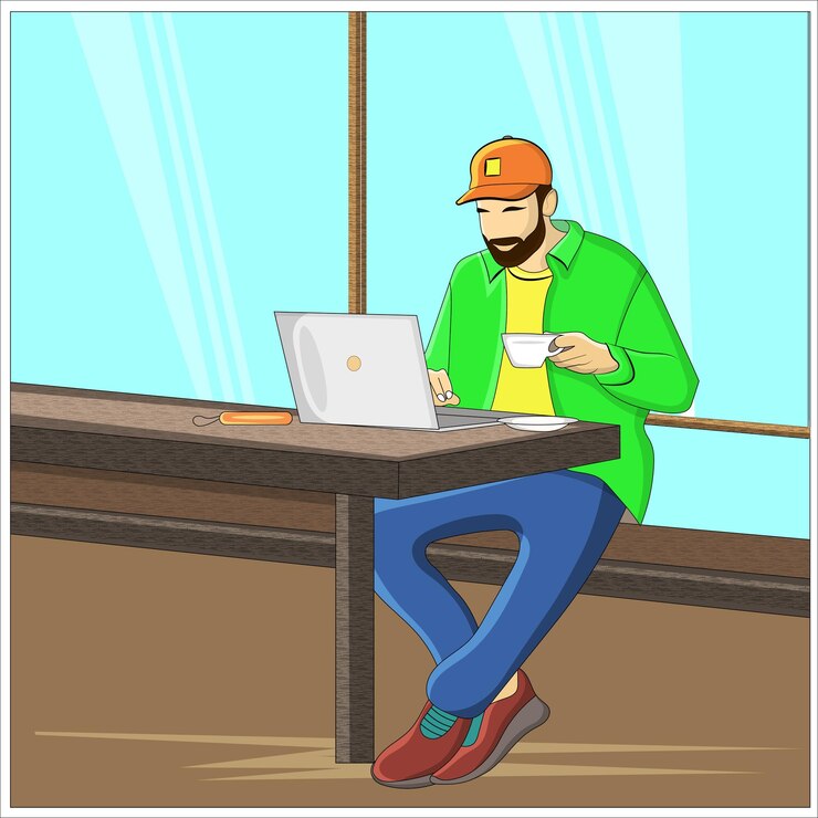 Vector man working with his lap while drinking coffee at cafe flat vector illustration design