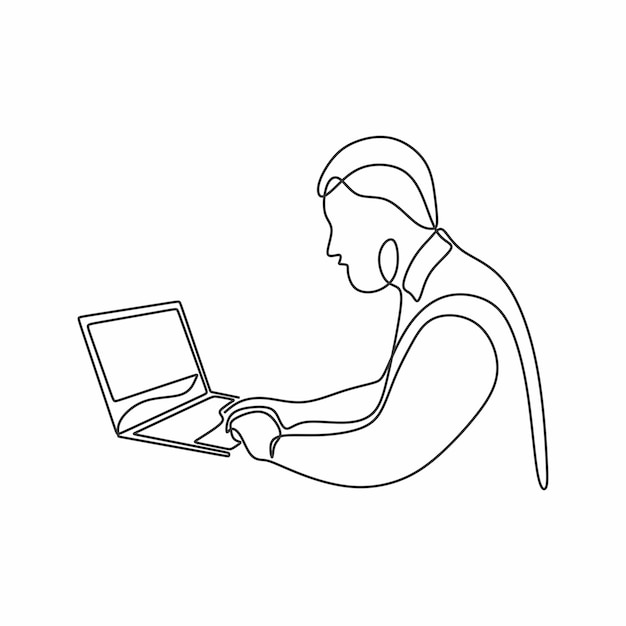 man working with laptop continous drawing single line art