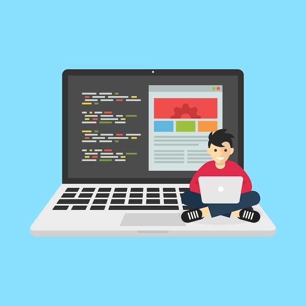 Vettore l'uomo che lavora con il laptop rappresenta l'aspetto aziendale del programmatore di codifica del sito web della tecnologia dell'informazione