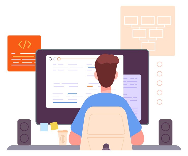 Vector man working with script software development programmer back view