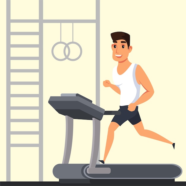 Vector man workout in gym male character running on treadmill sportsman using professional equipment in fitness club