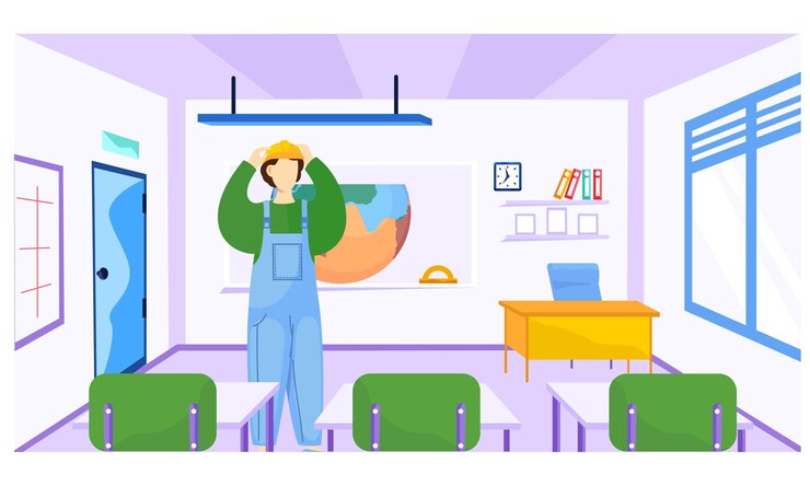Vector man works and cares about the environment ecology and natural history lesson environmentally friendly lifestyle a man is standing in a helmet and explains the rules of behavior in nature