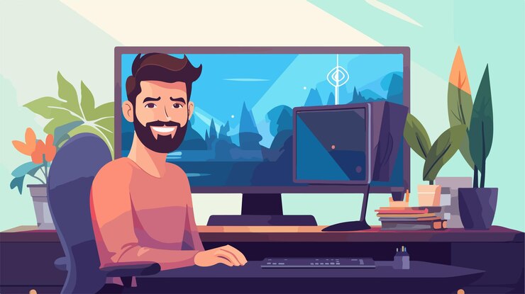 Vector a man works at a computer with a beard on his face