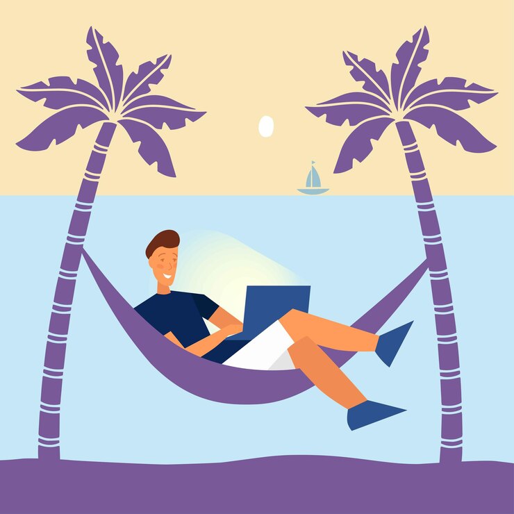 Vector man works from home and outdoor dream work tropical vacation with a laptop