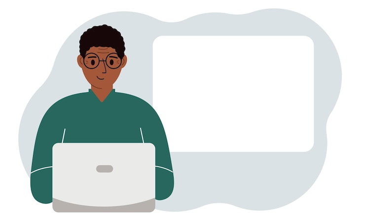 Vector a man works or on a laptop there is a place for text nearby the concept of freelancing or distance learning and work