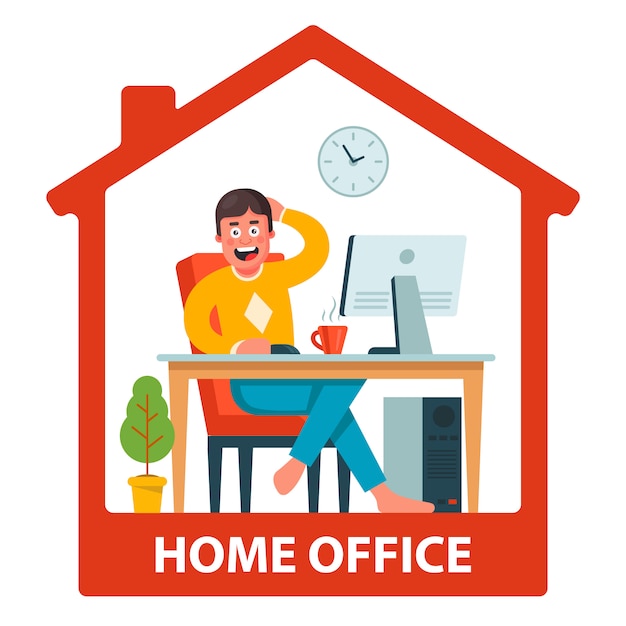 man works remotely in his house. comfortable working conditions. flat illustration.