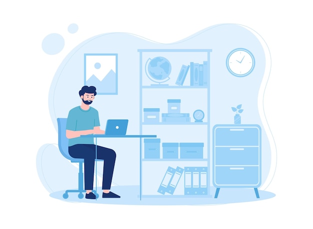 Vector a man in a workspace sitting in a chair with a computer concept flat illustration