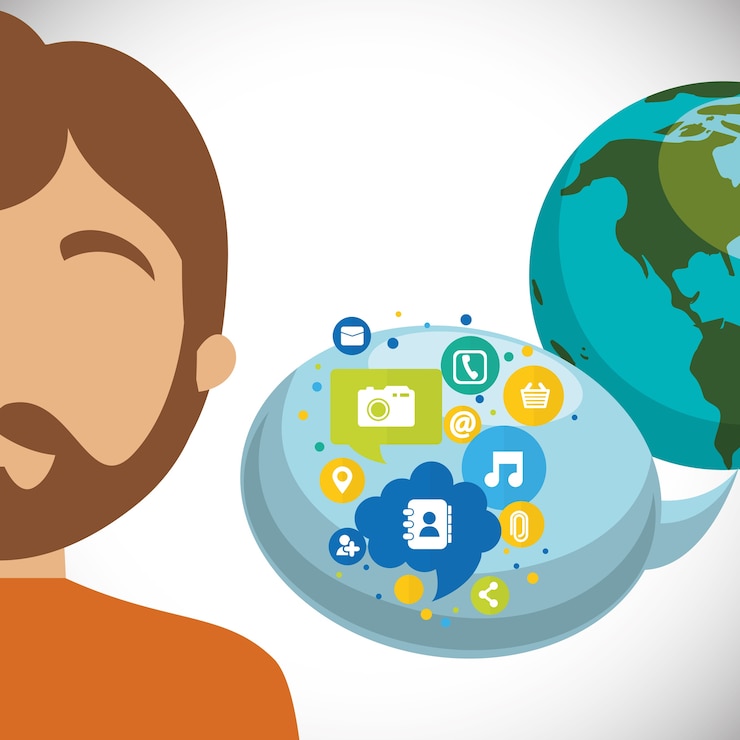 वेक्टर man world bubble speech communication social media