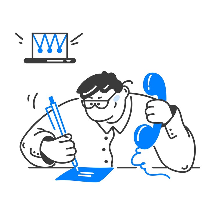 Vector 남자는 그의 수첩에 쓰고 수신기를 들고