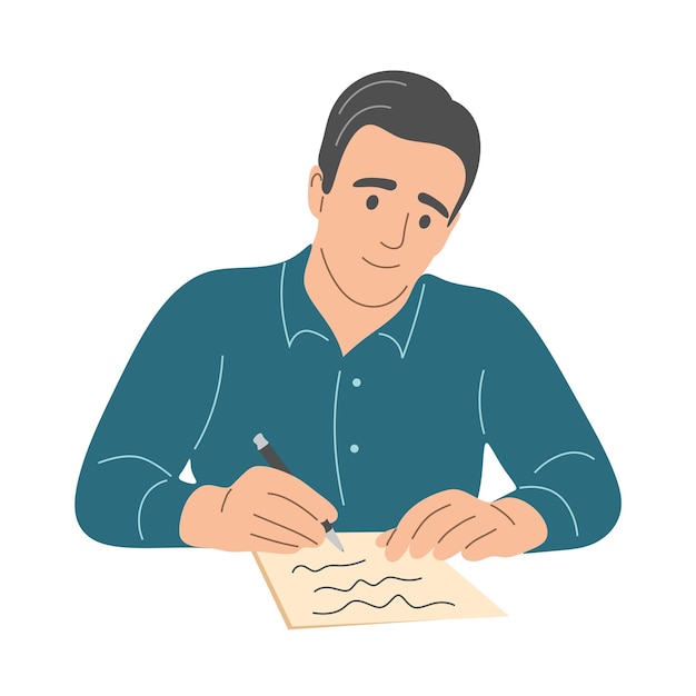 한 남자가 종이에 글을 씁니다. 그 남자는 메모를 합니다. 플랫 벡터 그림