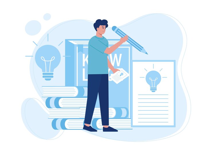 Vector man writing on paper exam concept flat illustration