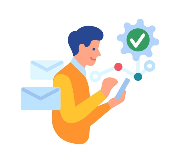 Man writing and receiving mail. successful work communication. vector illustration