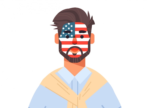 Vector man wuth verenigde staten vlag gezicht geschilderd vieren 4 juli amerikaanse onafhankelijkheidsdag vakantie concept horizontale portret illustratie