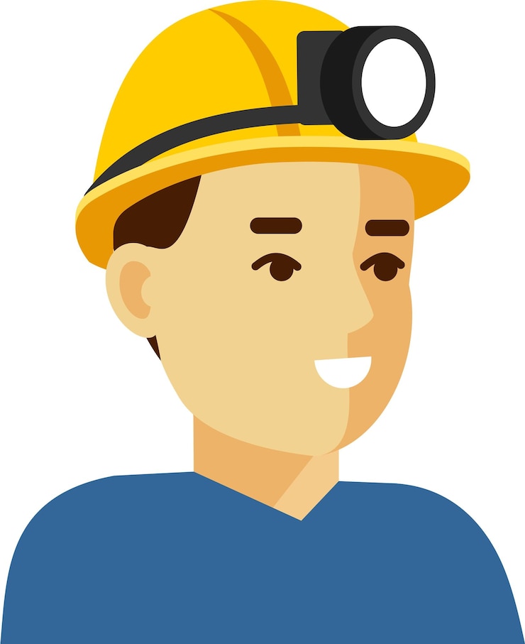Vector a man in a yellow hard hat with a light on his head.