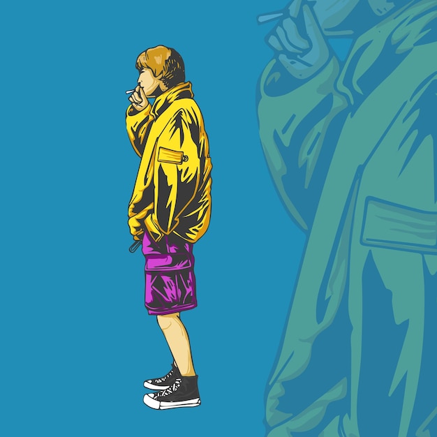 Vector a man in a yellow jacket and purple shorts stands on a blue background.
