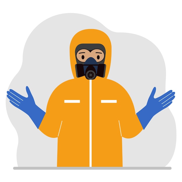 Vector a man in a yellow radiation protective suit and a helmet with a respirator, chemical or biological safety uniform. vector flat illustration.