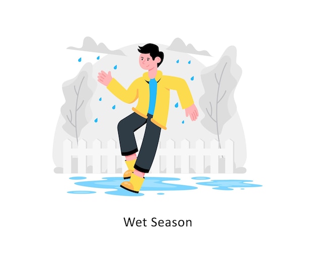 Vector a man in a yellow raincoat is standing in the rain
