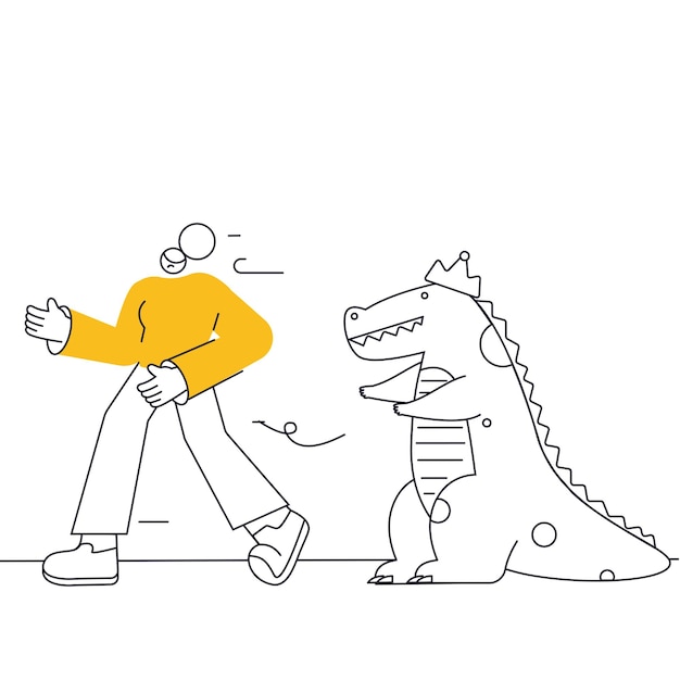 A man in a yellow sweater is walking away from a dragon for error state