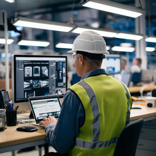 a man in a yellow vest is working on a computer