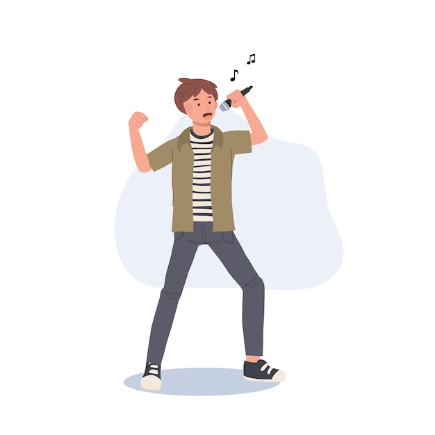 Man Zanger man met microfoon zingt Flat vector illustratie