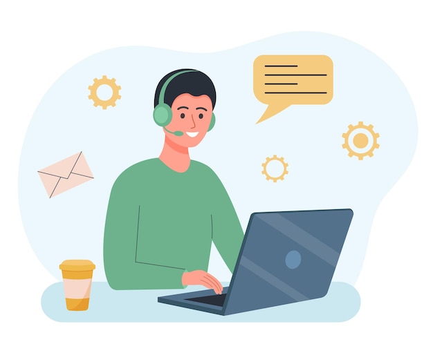 Man zit aan tafel met een koptelefoon en een microfoon met behulp van een laptop Kantoormedewerker callcenter