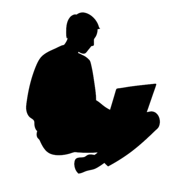 Man zit en gebruikt laptop Silhouette vectorontwerp