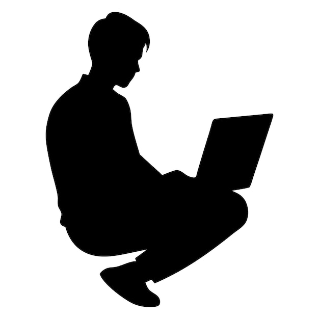 Man zit en gebruikt laptop Silhouette vectorontwerp