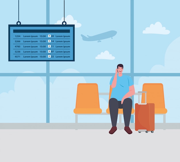 Man zit in stoel op de luchthaventerminal, passagier op luchthaventerminal met baggages vector illustratie ontwerp