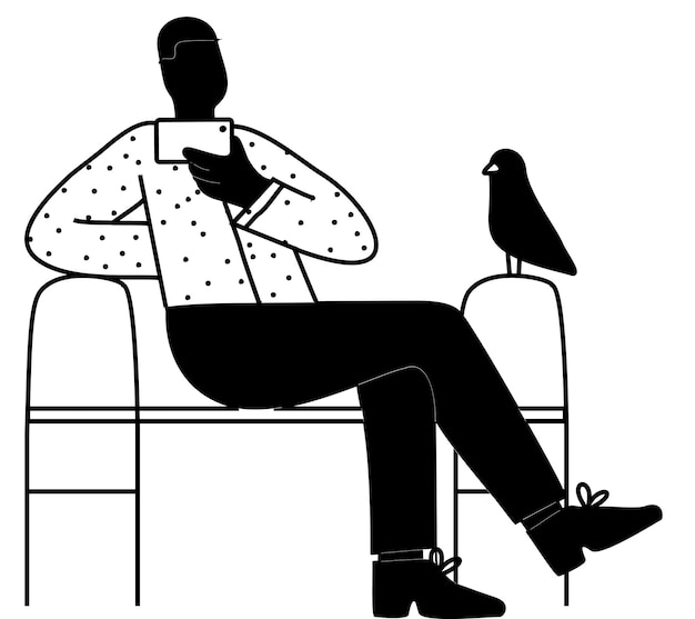 Man zit op een stoel met een mobiele telefoon en een vogel