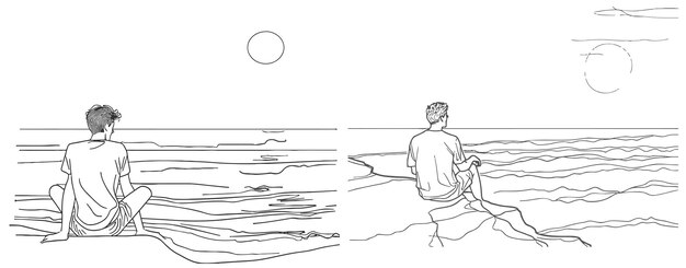 man zit op het strand en zonsondergang scènes bekijken illustratie in één lijn tekening