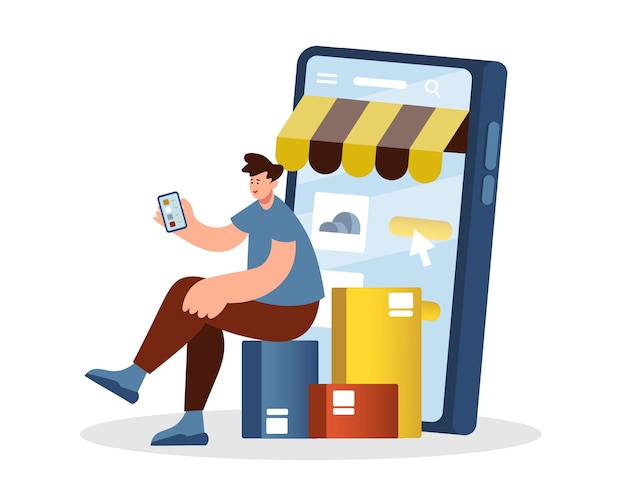 Man zit op pakjes en houdt smartphone vast. Mensen kopen in de online winkel en gebruiken de mobiele app. E-commerce en zakelijke illustratie vlakke stijl. Klanten hebben een aankoop gedaan. Platte vectorillustratie in blauwe kleuren