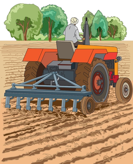 Vector man zit op zijn tractor en ploegt het veld