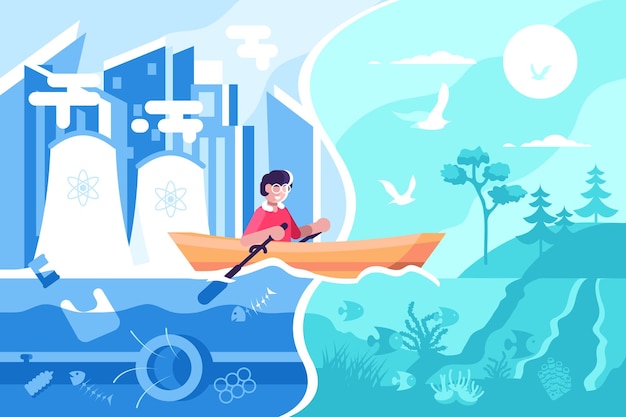 Vector man zwemmen op boot van stad naar natuur vector illustratie gelukkig mannetje zeilen van vervuilde stad naar pittoreske ecologisch schone plek vlakke stijl concept