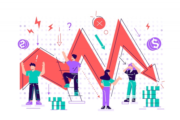 Vector management failed to achieve profit, sad business people around, business on falling down chart, arrow, business fail, risk, problem. flat style  design illustration concept for web page, poster