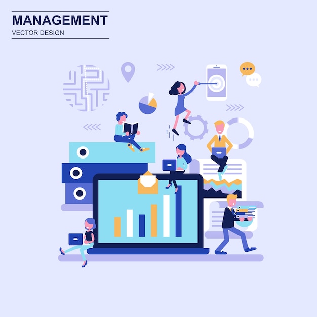 Management flat design concept blue style with decorated small people character.